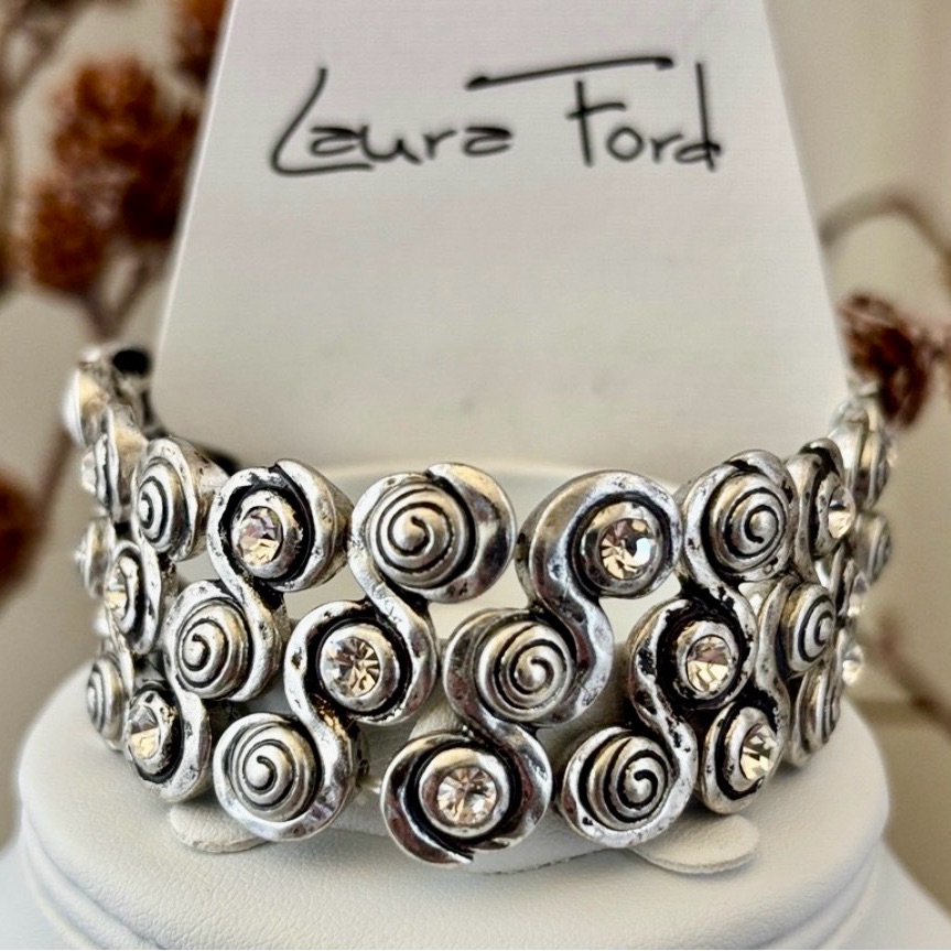 Laura Ford Silvertone 3 Row,Round S Swirl Clear Rhinestones,Stretch Bracelet